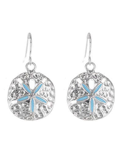 Turquoise Sand Dollar Hammered  Metal Dangle Earrings