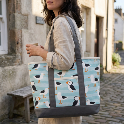 Coastal Puffin & Seagull Canvas Tote Bag – Ocean Bird Travel Carryall