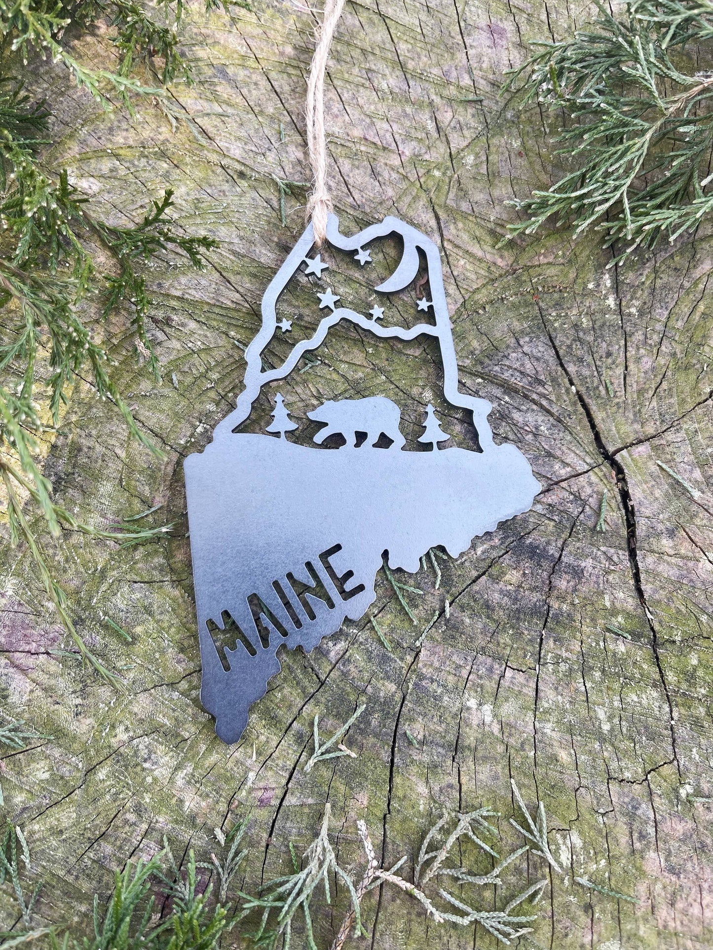 Maine State Mountain Bear Scene Raw Steel Ornament