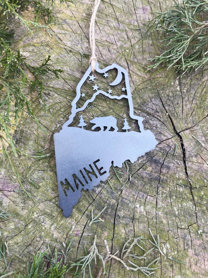 Maine State Mountain Bear Scene Raw Steel Ornament