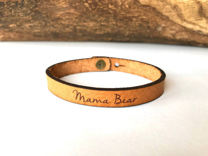 Thin Leather Bracelet -Mama bear or blessed