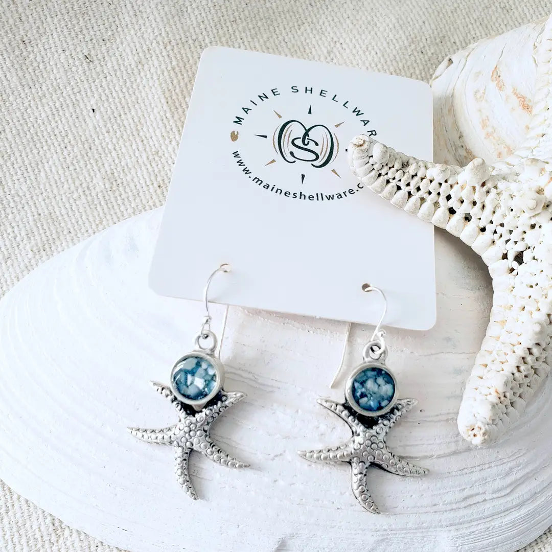 Maine Shellware Antique Silver Starfish Earrings