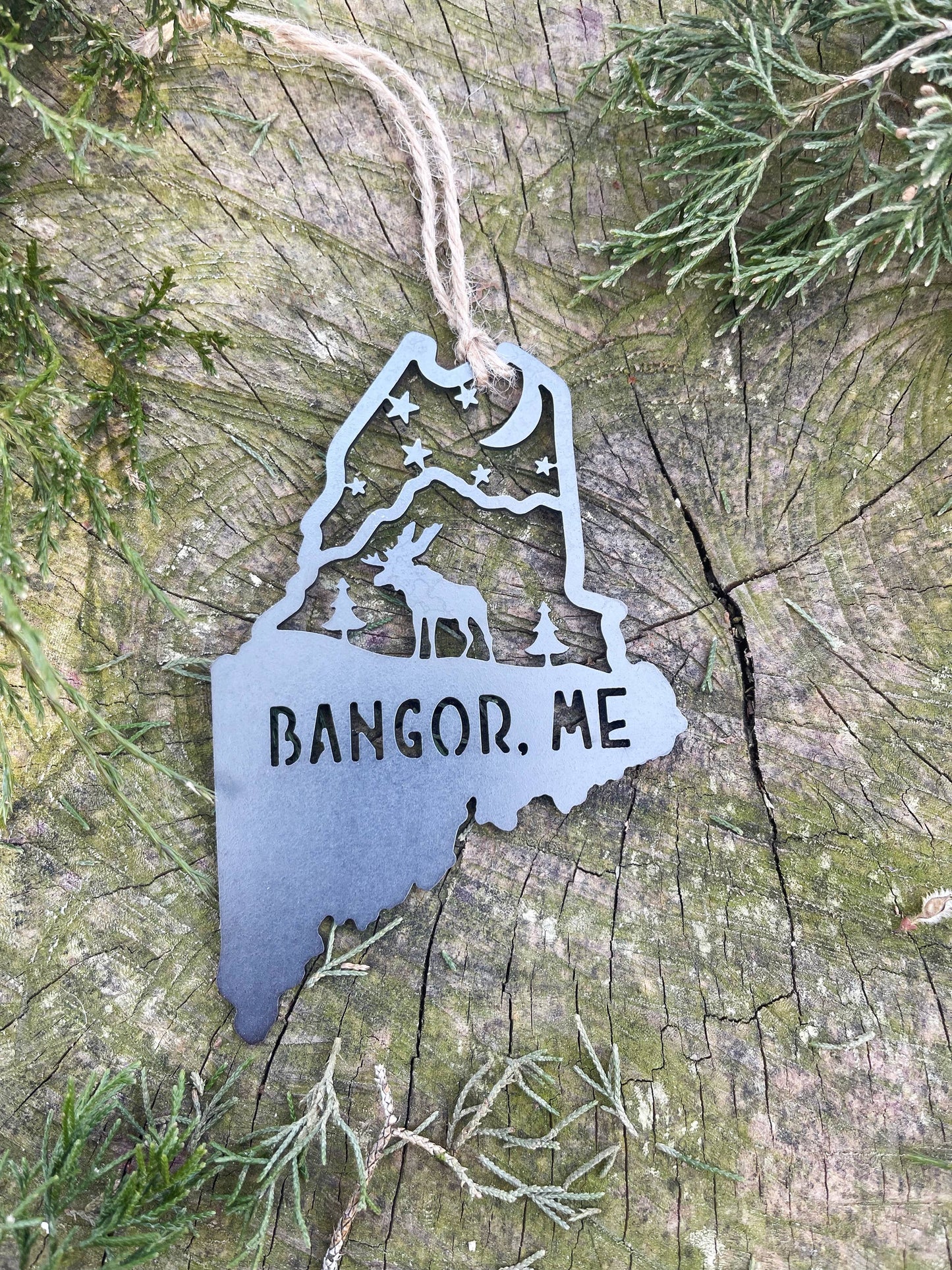 Maine Mountain Moose Scene Raw Steel Ornament