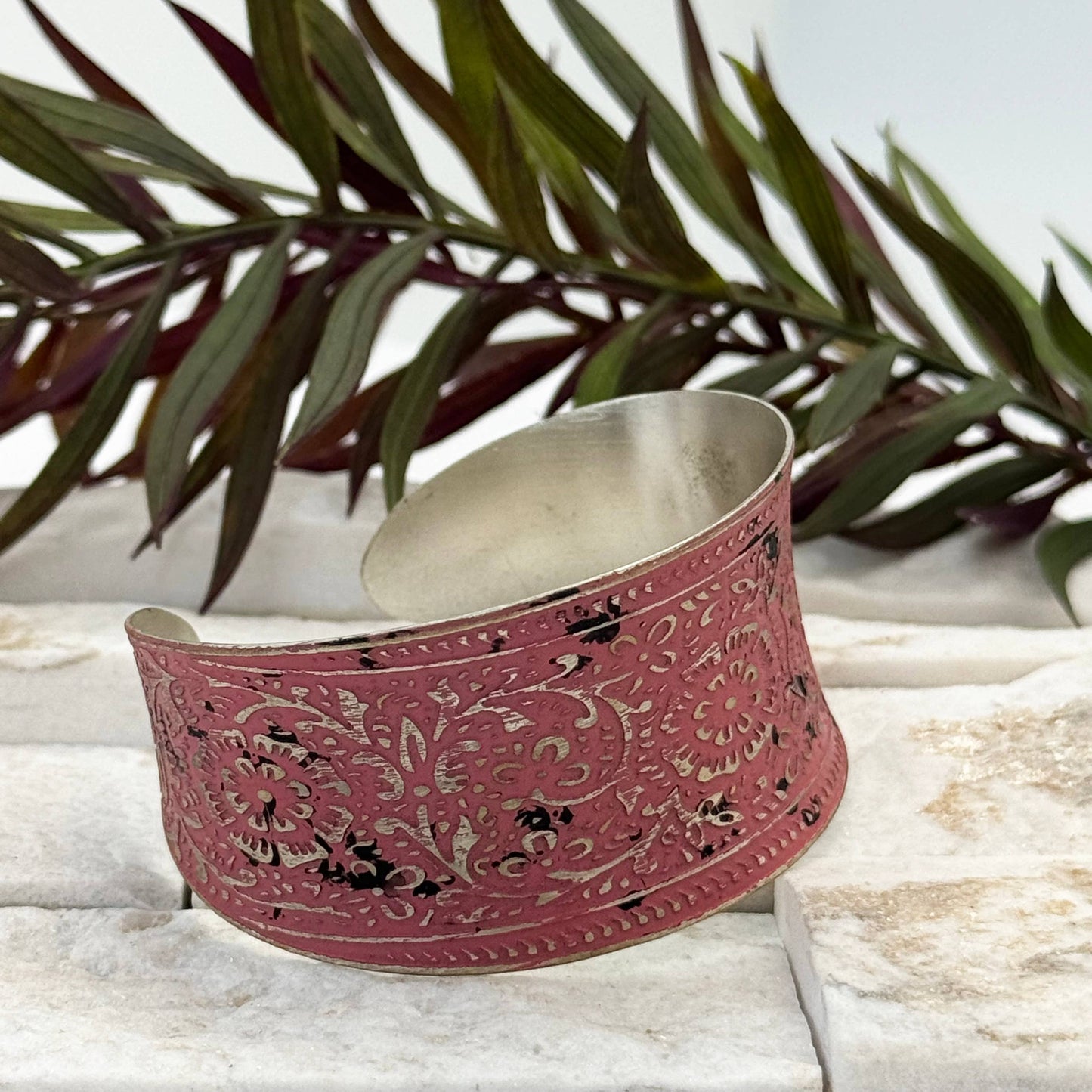 Handcrafted Silver Patina Pink Floral Cuff