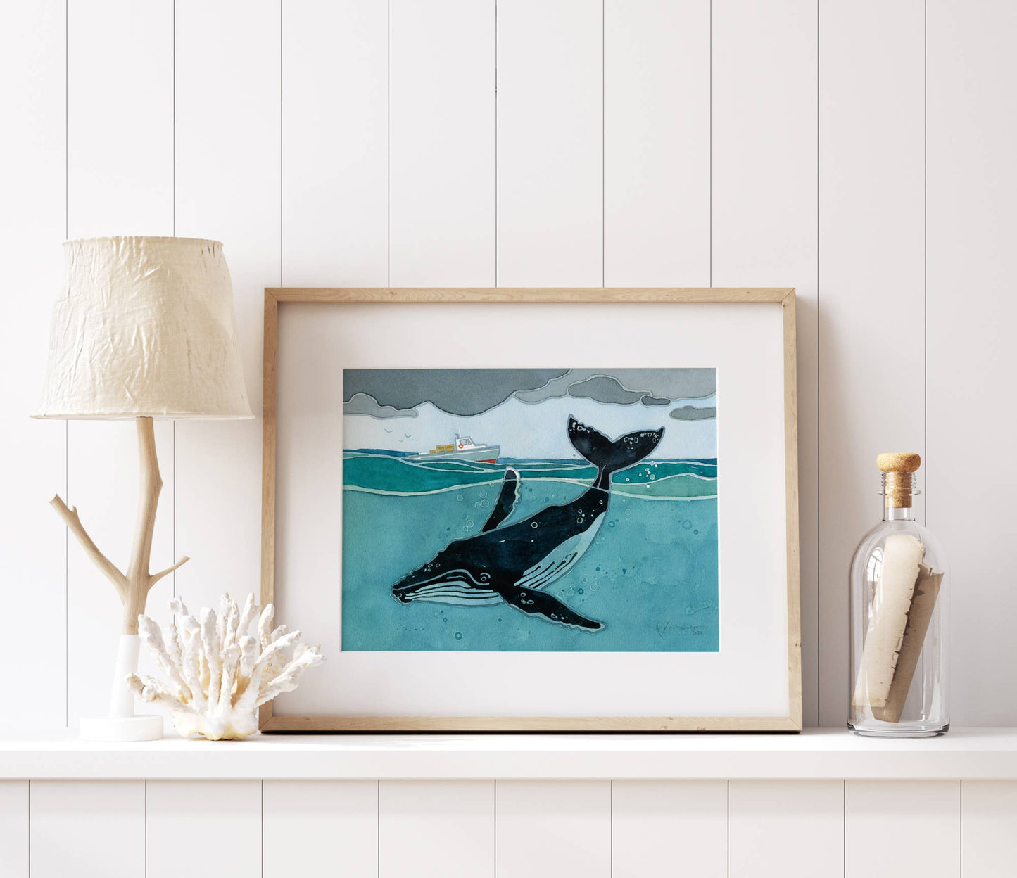 Humpback Whale and Fishing Boat Nautical Watercolor Print