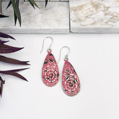 Handcrafted Silver Patina Red Greek Key Earrings