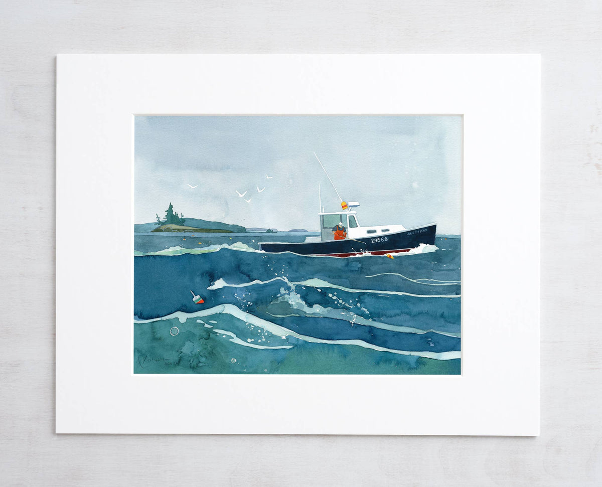 Lobster Fishing Print New England Boat Watercolor