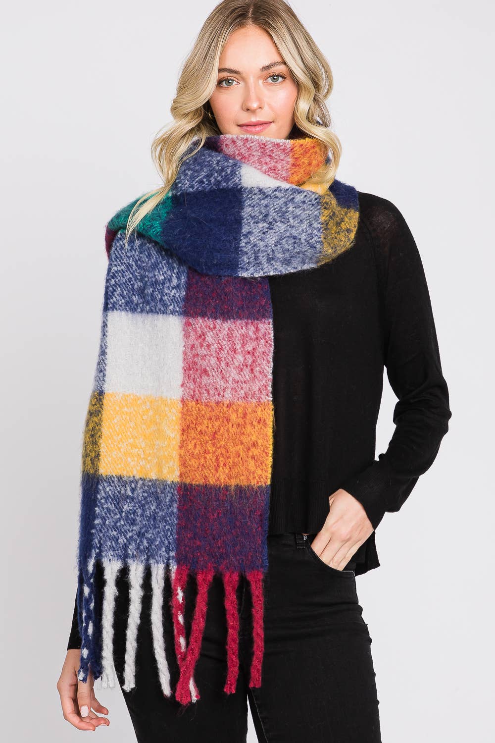 Multi Color Plaid Oblong Fringe Scarf
