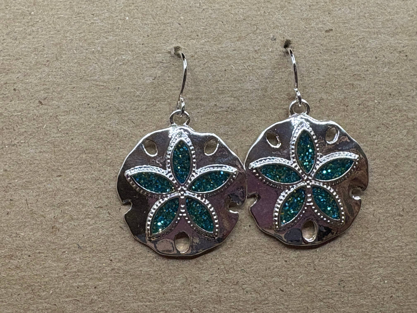 Glitter Blue Sand Dollar Metal Dangle Earrings