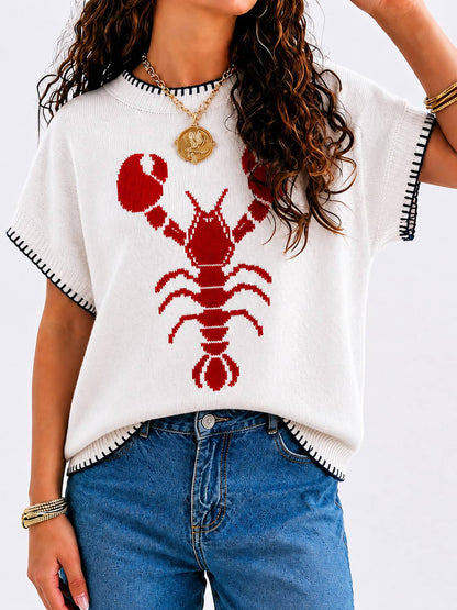 Coastline Lobster Whip-Stitch Knit Sweater Cap Sleeves Top