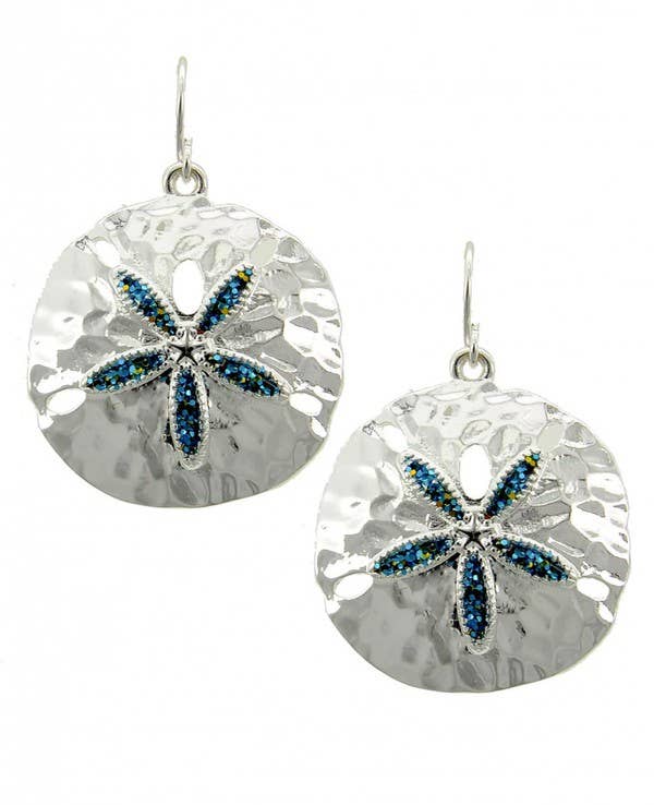 Blue Glitter Sand Dollar Metal Dangle Earrings