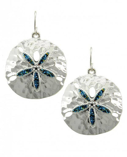 Blue Glitter Sand Dollar Metal Dangle Earrings