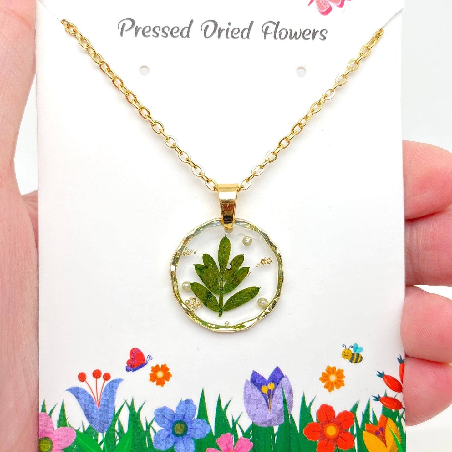 Dried Flowers Floral Irregular Round Pendant Necklace