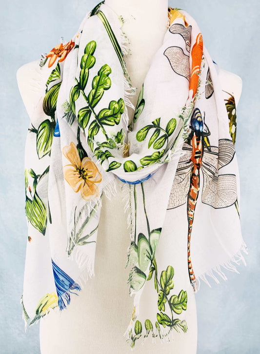 White-Multi Dragonfly & Floral Scarf/Shawl