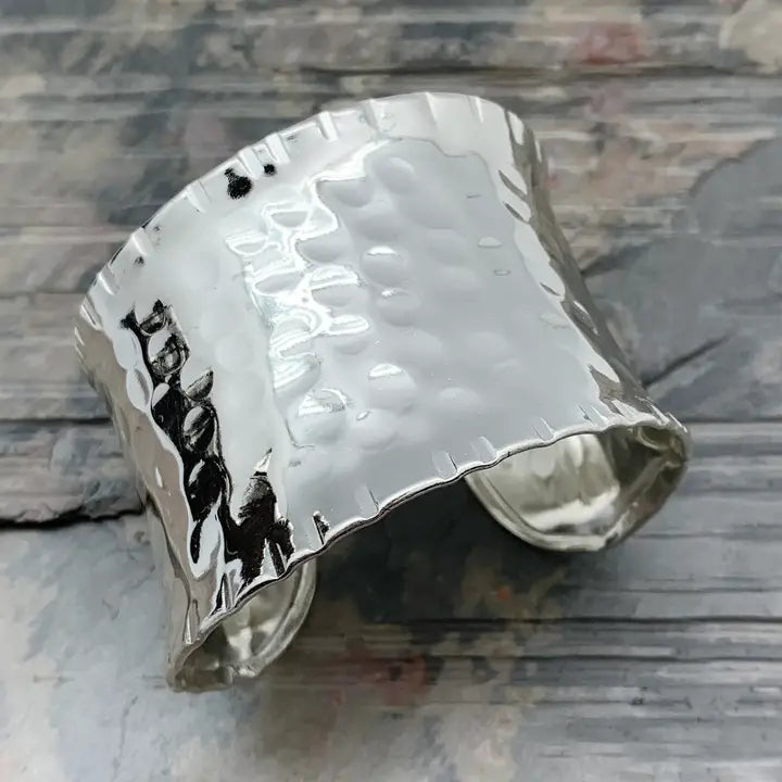 Silver Plated Adjustable Cuff Bracelet - Hammered Wide Cuff