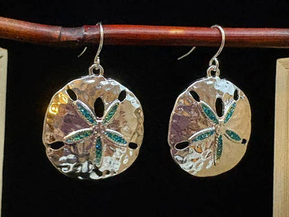 Blue Glitter Sand Dollar Metal Dangle Earrings
