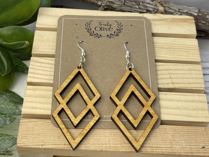 Antique Wood Connected Triangles Earrings