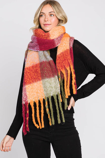 Multi Color Plaid Oblong Fringe Scarf