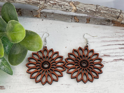 Starburst Mandala Wood Handcrafted Lightweight Earrings