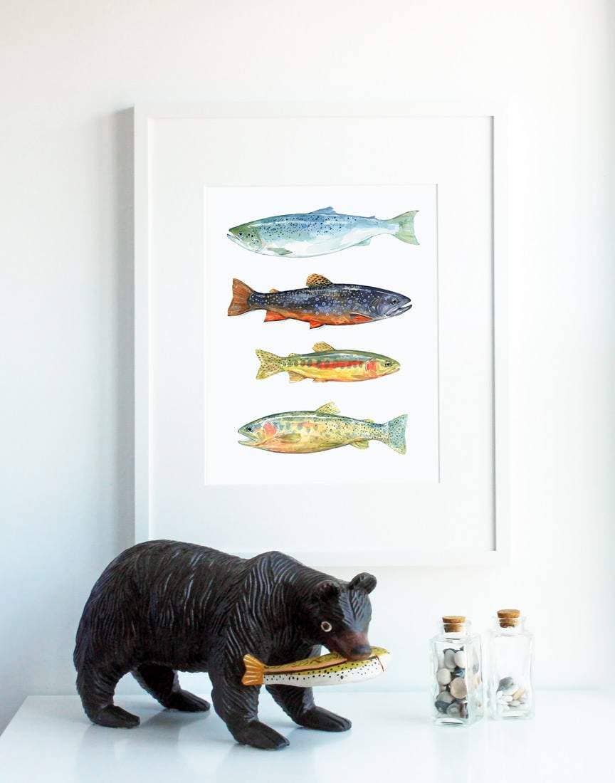 Trout and Salmon Watercolor Art Print, Fly Fishing Painting