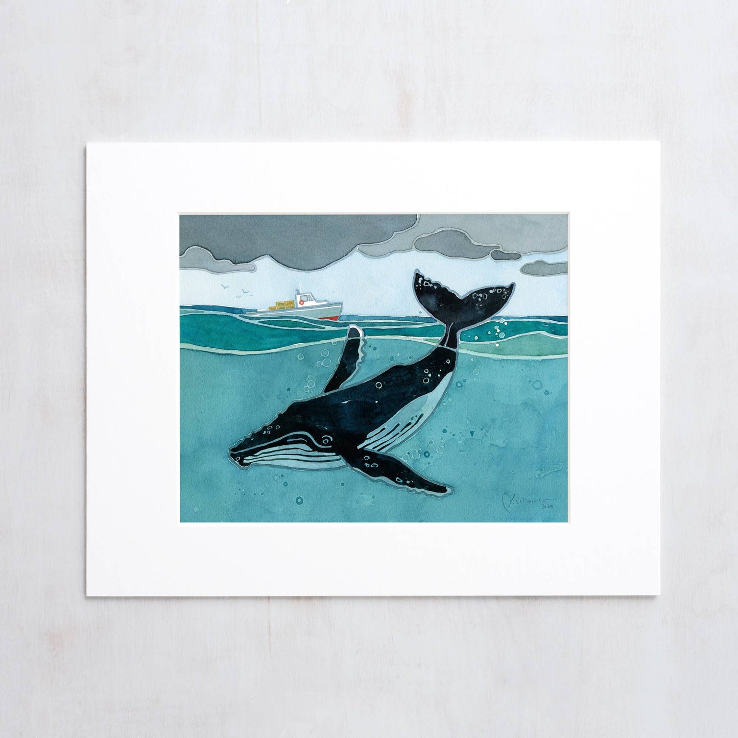 Humpback Whale and Fishing Boat Nautical Watercolor Print