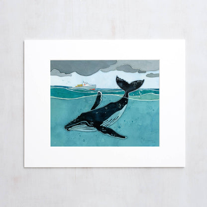 Humpback Whale and Fishing Boat Nautical Watercolor Print