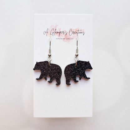 Black Bear Glitter Acrylic Earrings