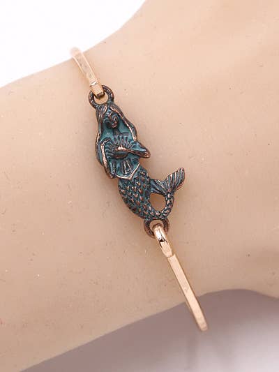 Patina 3D Mermaid Brass Bangle Bracelet