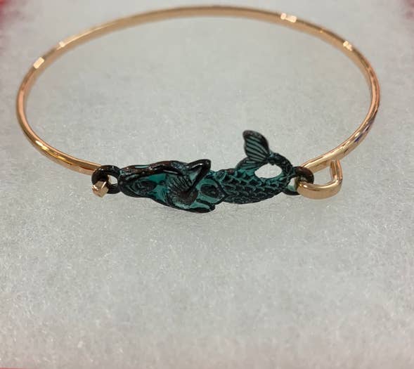 Patina 3D Mermaid Brass Bangle Bracelet