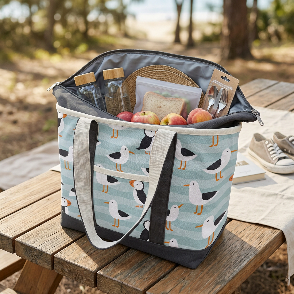 Coastal Puffin & Seagull Canvas Tote Bag – Ocean Bird Travel Carryall