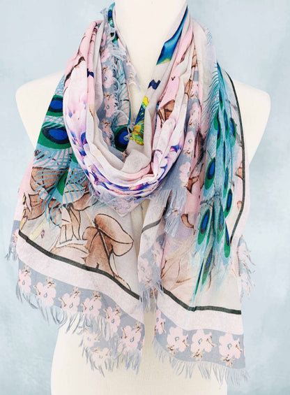 Pink-Teal Peacock & Peoney Frayed-Edge Scarf/Shawl