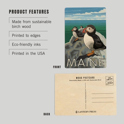 Maine Puffins WOOD POSTCARD