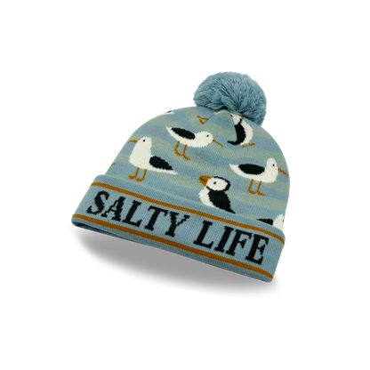 Salty Life Puffin & Seagull Knit Pom Pom Beanie – Coastal Ocean Winter Hat