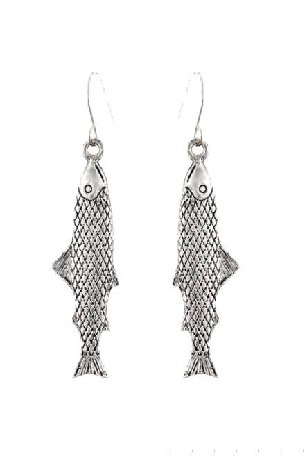 3D Antique Silver or Patina Salmon Fish Earrings
