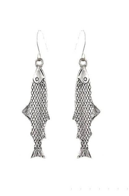 3D Antique Silver or Patina Salmon Fish Earrings
