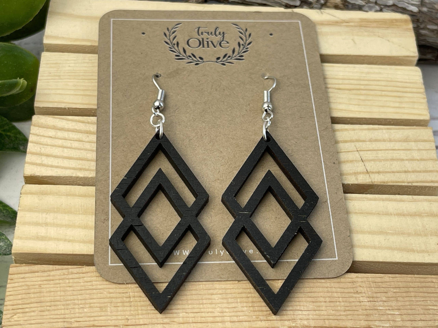 Antique Wood Connected Triangles Earrings