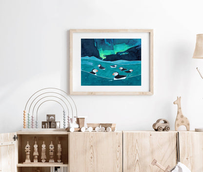 Puffins Northern Lights Art Print, Aurora Borealis