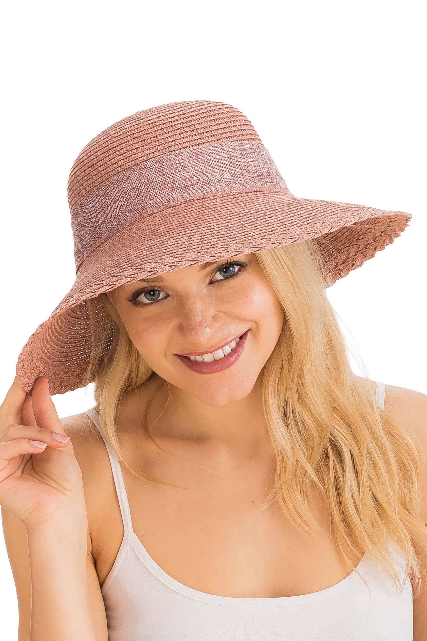 Burlap Ribbon Scallop Derby Sun Hat with Chin Strap