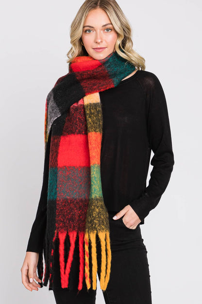 Multi Color Plaid Oblong Fringe Scarf