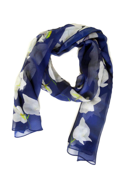 Blue Silk Scarf - Floral Silk Scarf - Tropical Sheer Scarf