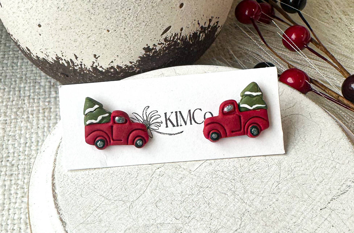 Polymer Clay Earrings - Christmas Truck