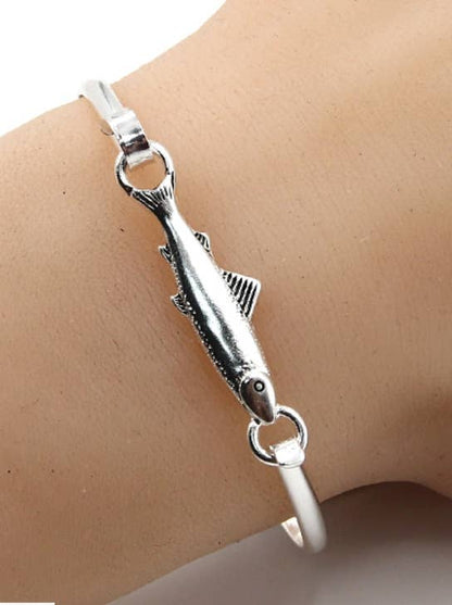 3D Antique Silver Salmon Fish Casting Bangle Bracelet