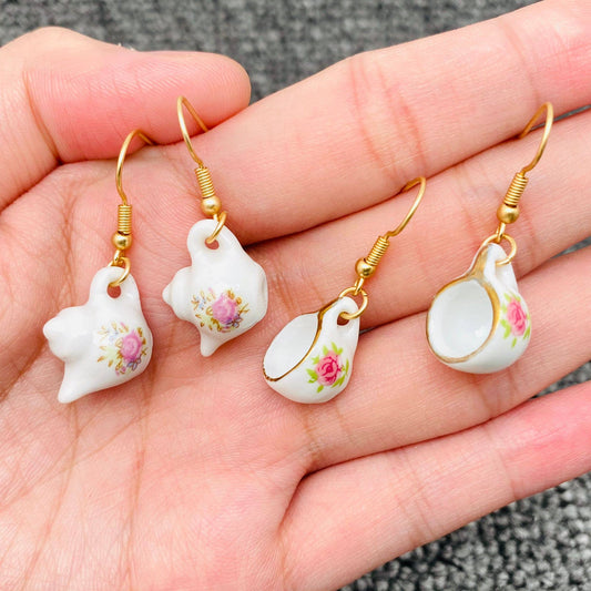 Ceramic Teapots and Tea Cups Charm Dangle Earrings