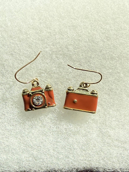 Crystal Lens Brown film camera vintage retro Earrings