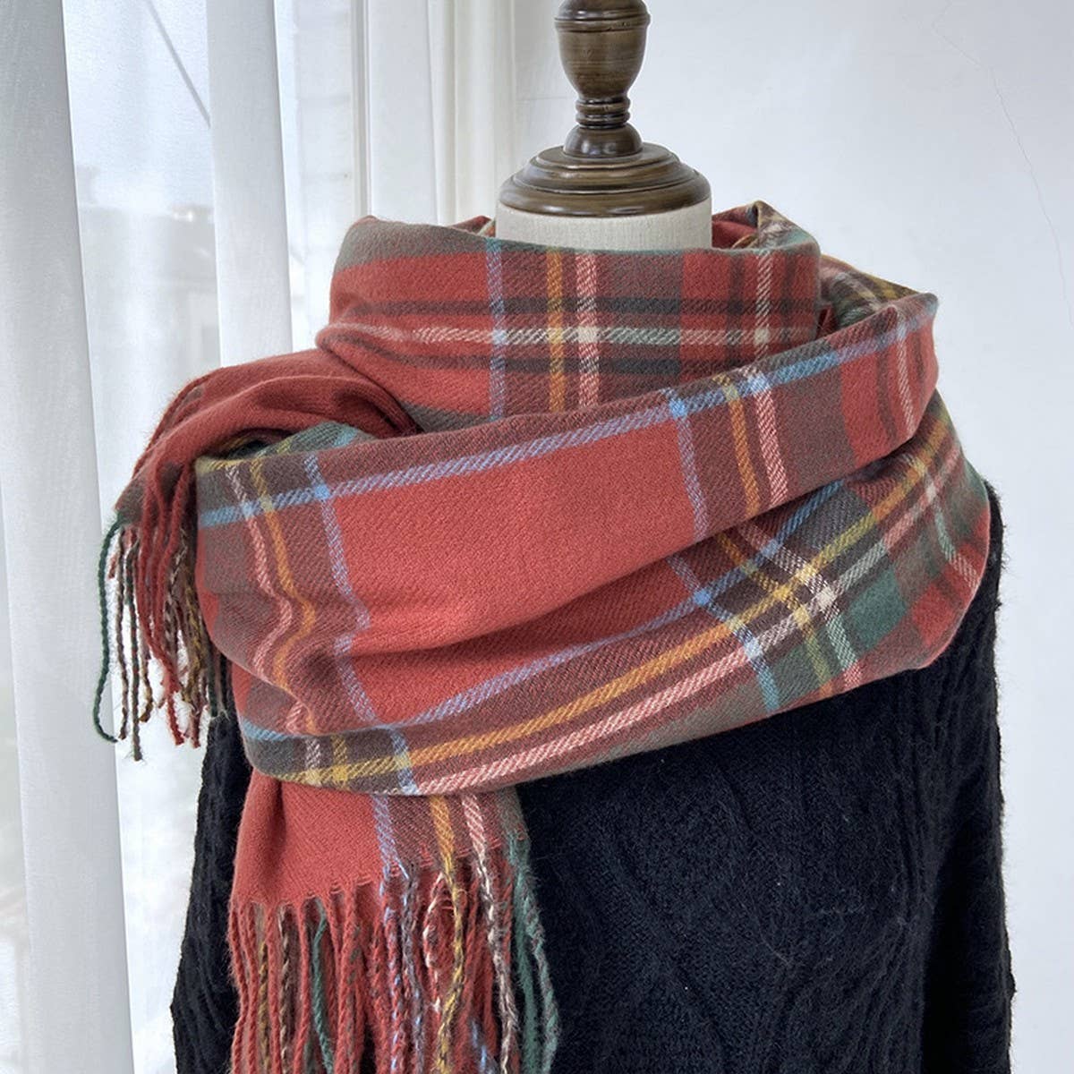 Plaid Winter Scarf-Vintage Tassel Shawl for Women