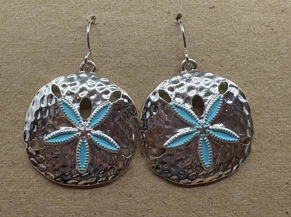 Blue Glitter Sand Dollar Metal Dangle Earrings