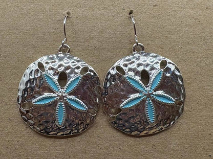 Blue Glitter Sand Dollar Metal Dangle Earrings