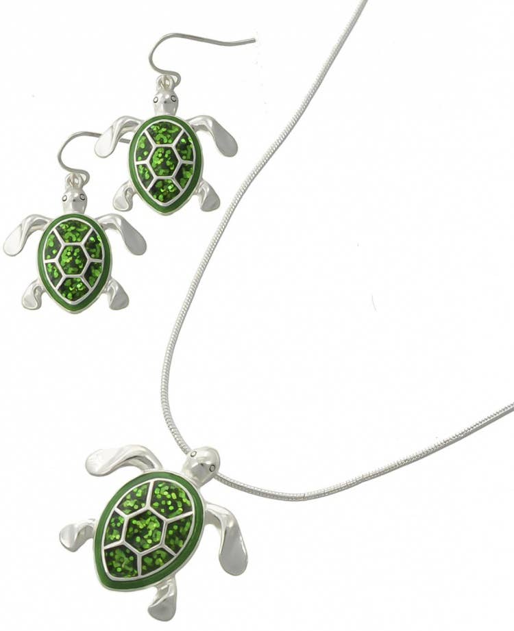 Glitter Green Turtle Necklace Set