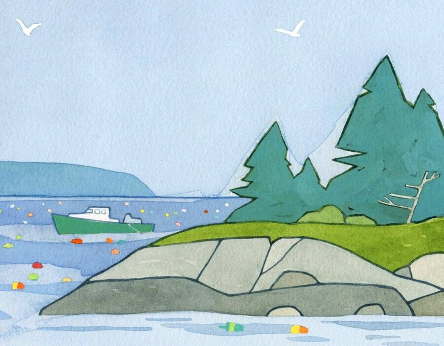 Maine Seascape Art Print, Lobster Buoys Coastal Print