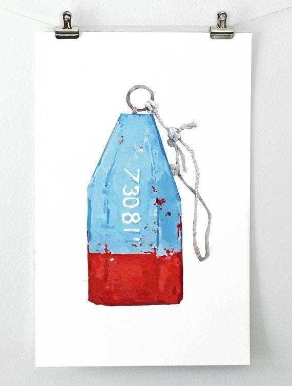 Lobster Buoy Watercolor Painting, Blue and Red Print